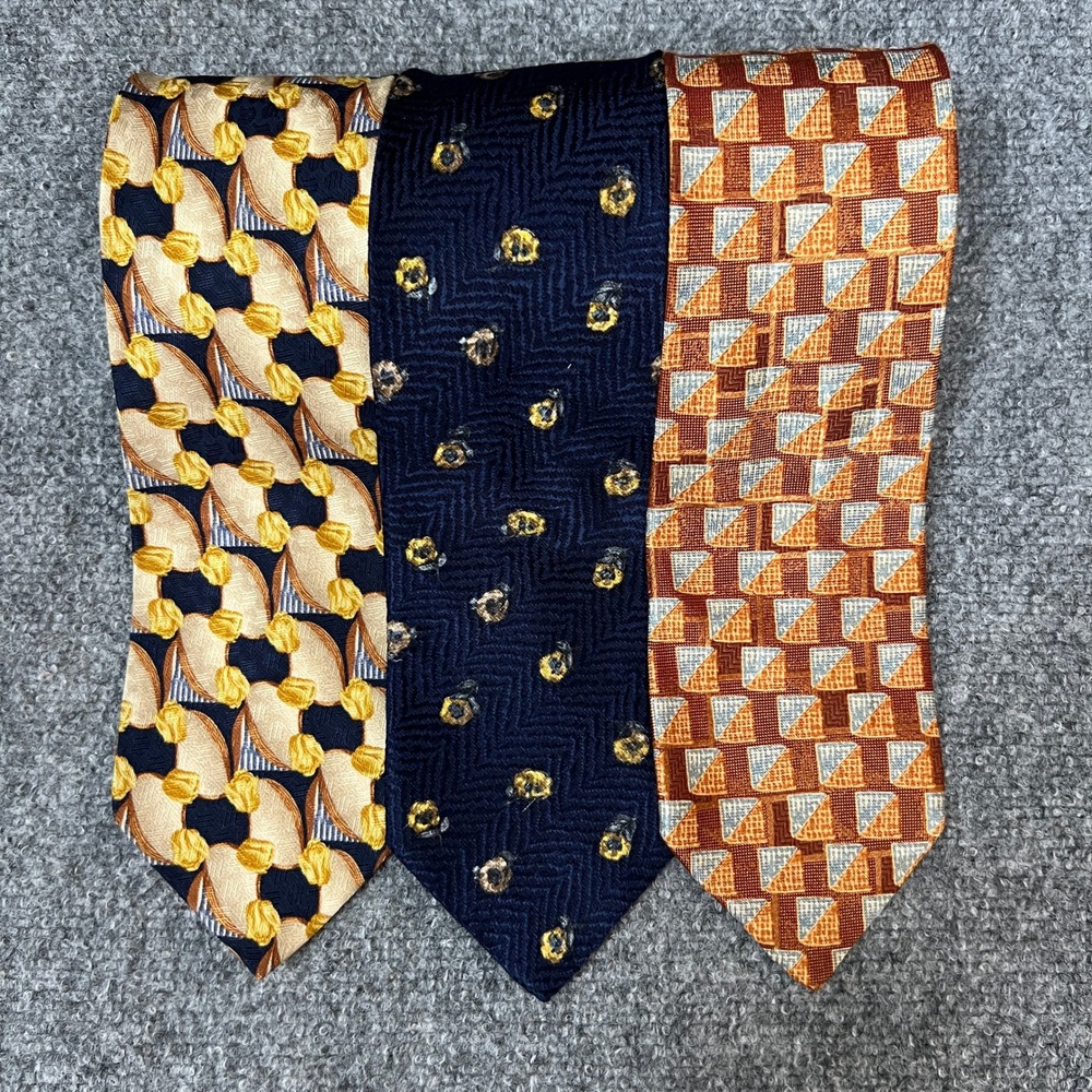 Ermenegildo Zegna Mens Silk Tie Lot 2of 3 Gold‎ Navy Floral Orange Geometric